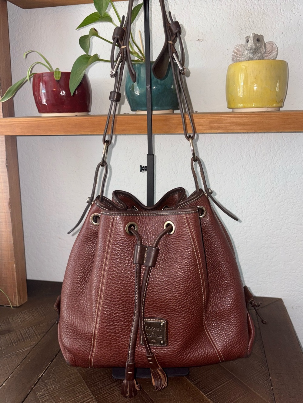 Dooney & Bourke Pebbled Leather Drawstring Bucket Bag - Chestnut Brown